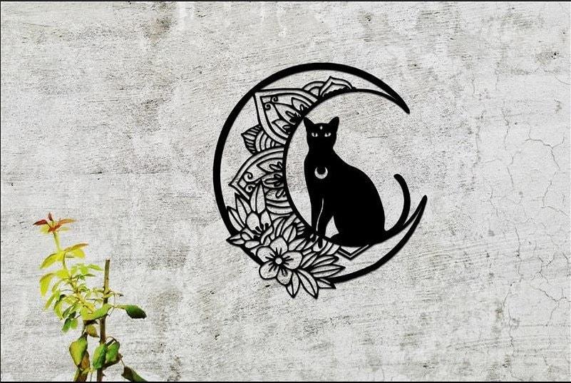 Black Cat On The Moon Sign Cat And Moon Metal Wall Art Moon Cat Sign