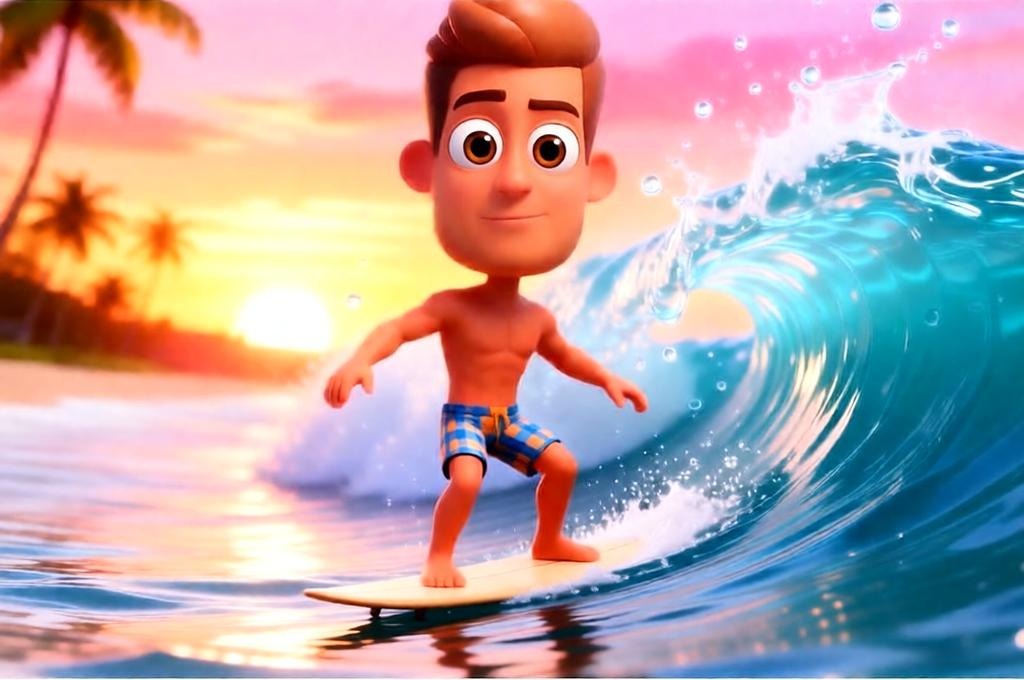 3D Caricature Male Surfer on Giant Wave