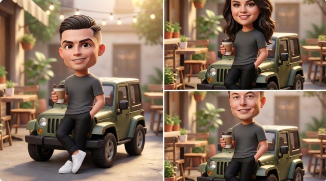3D Chibi Character Posing with Coffee & Jeep