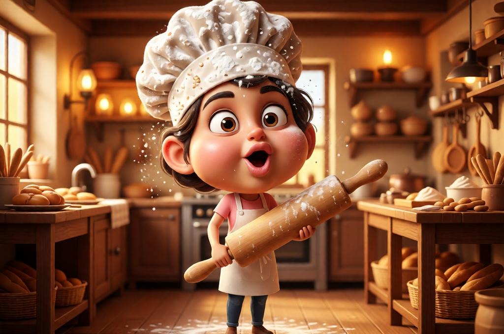 3D Female Baker Caricature with Exaggerated Fluffy Features