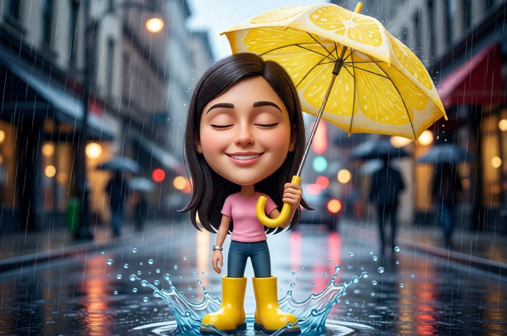 3D Female Dreamer Caricature with Lemon & Umbrella