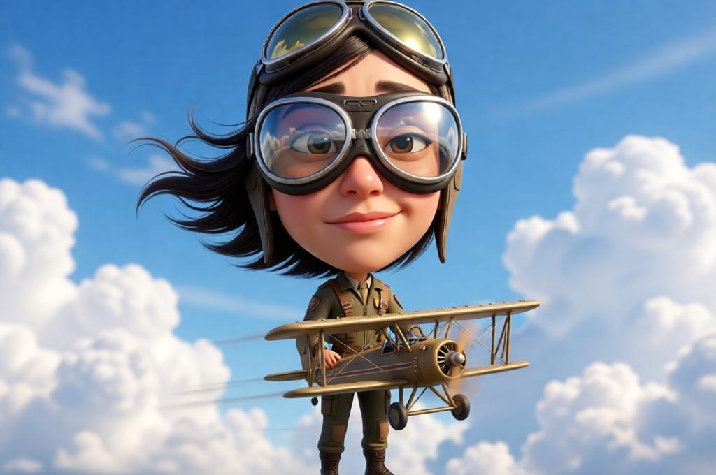 3D Female Pilot Caricature with Face Lock & Tiny Body