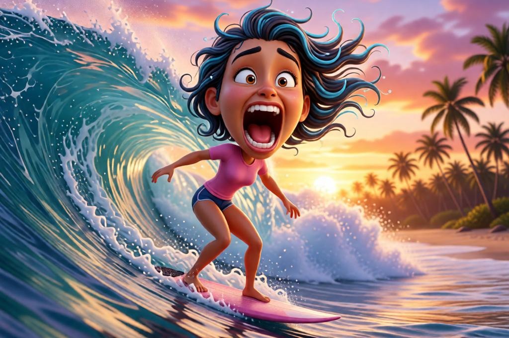3D Female Surfer Caricature with Face Lock