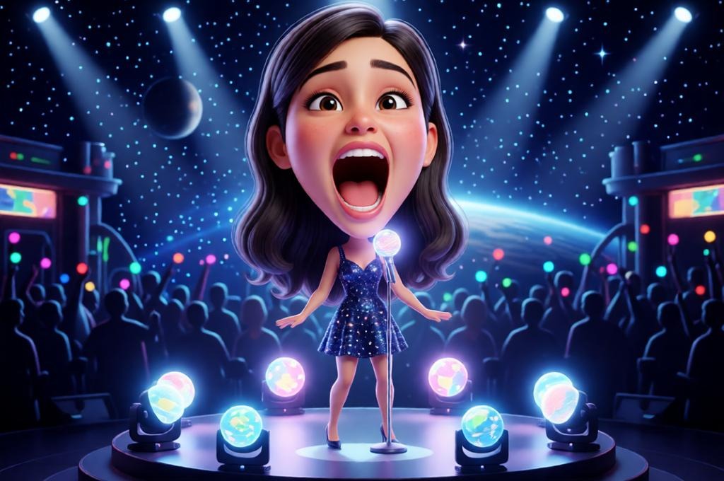 3D Pop Star Caricature with Cosmic Stage