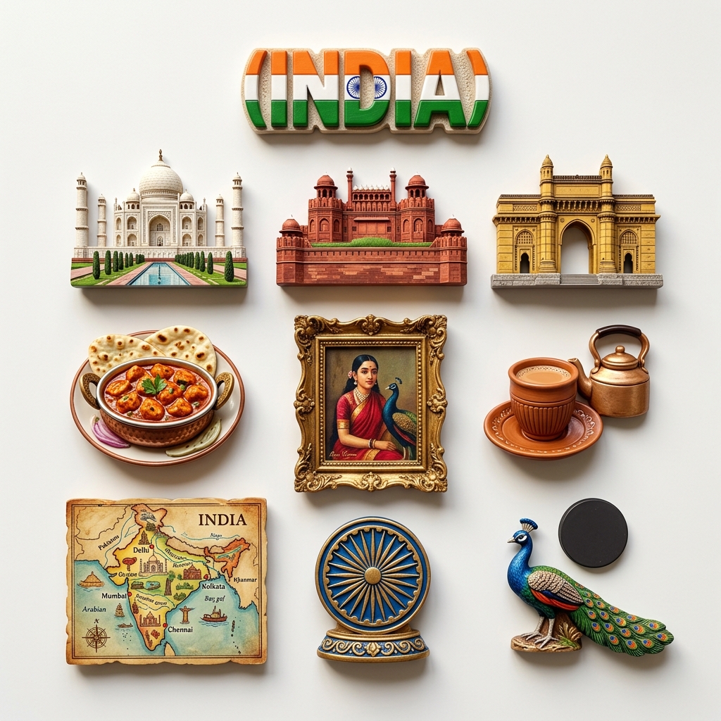 3D Resin Fridge Magnets Flat-Lay India Theme AI Prompt