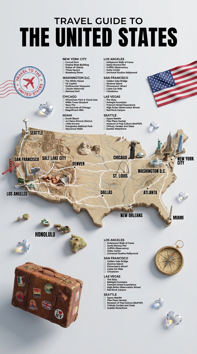 3D Travel Guide Map Poster of the United States