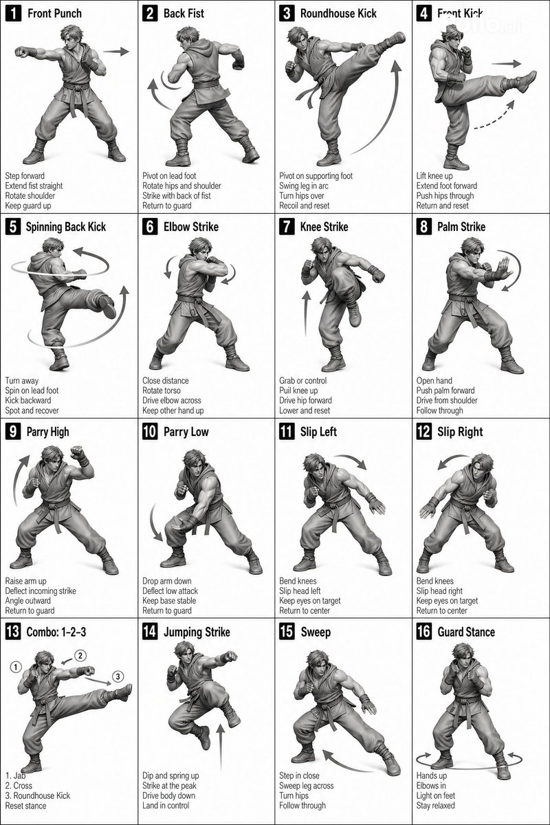 AI Prompt for 16-Panel Martial Arts Movement Infographic