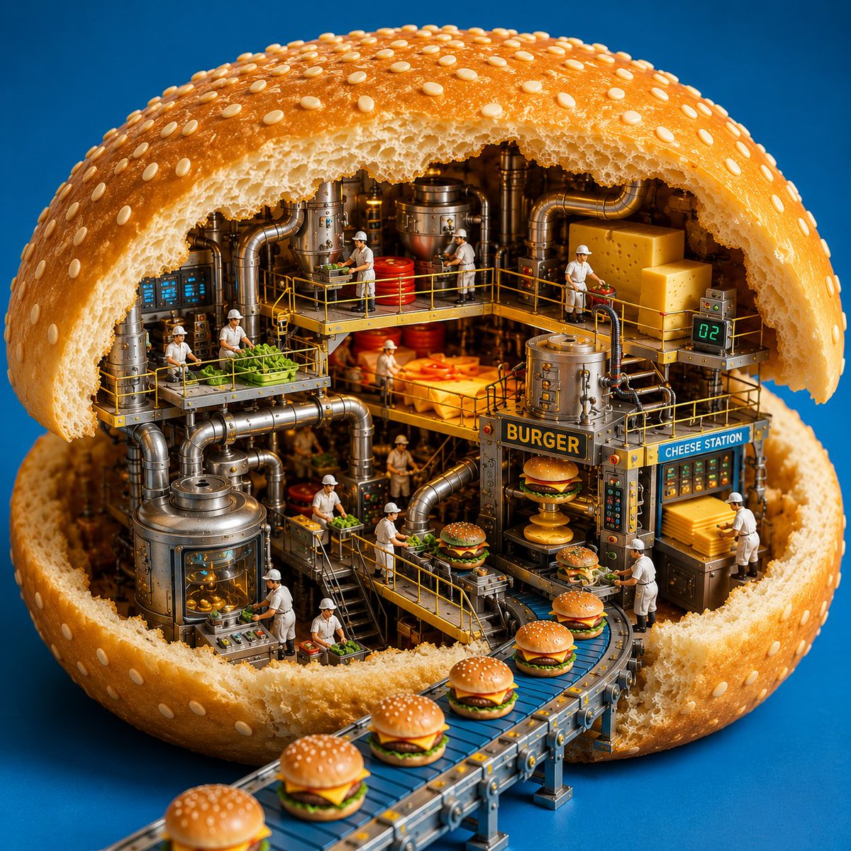 AI Prompt for 3D Burger Factory Scene with Industrial Machinery