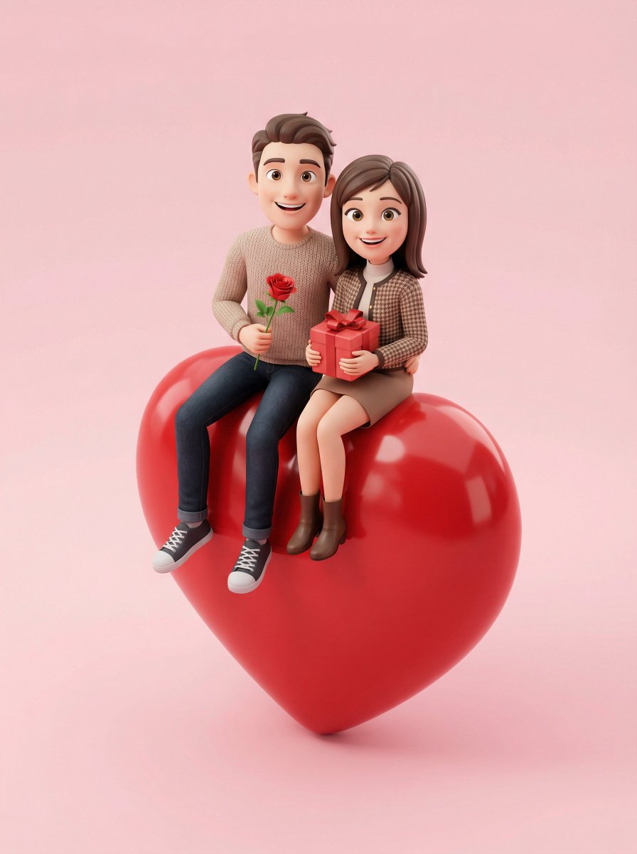 AI Prompt for 3D Cartoonous Couple Silhouette on Red Heart
