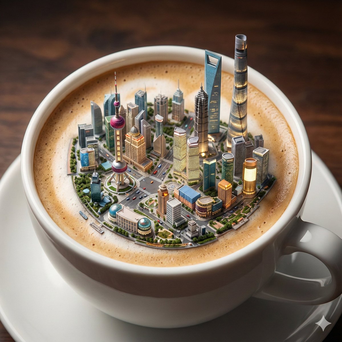 AI Prompt for 3D Floating Cityscape with Coffee Cup