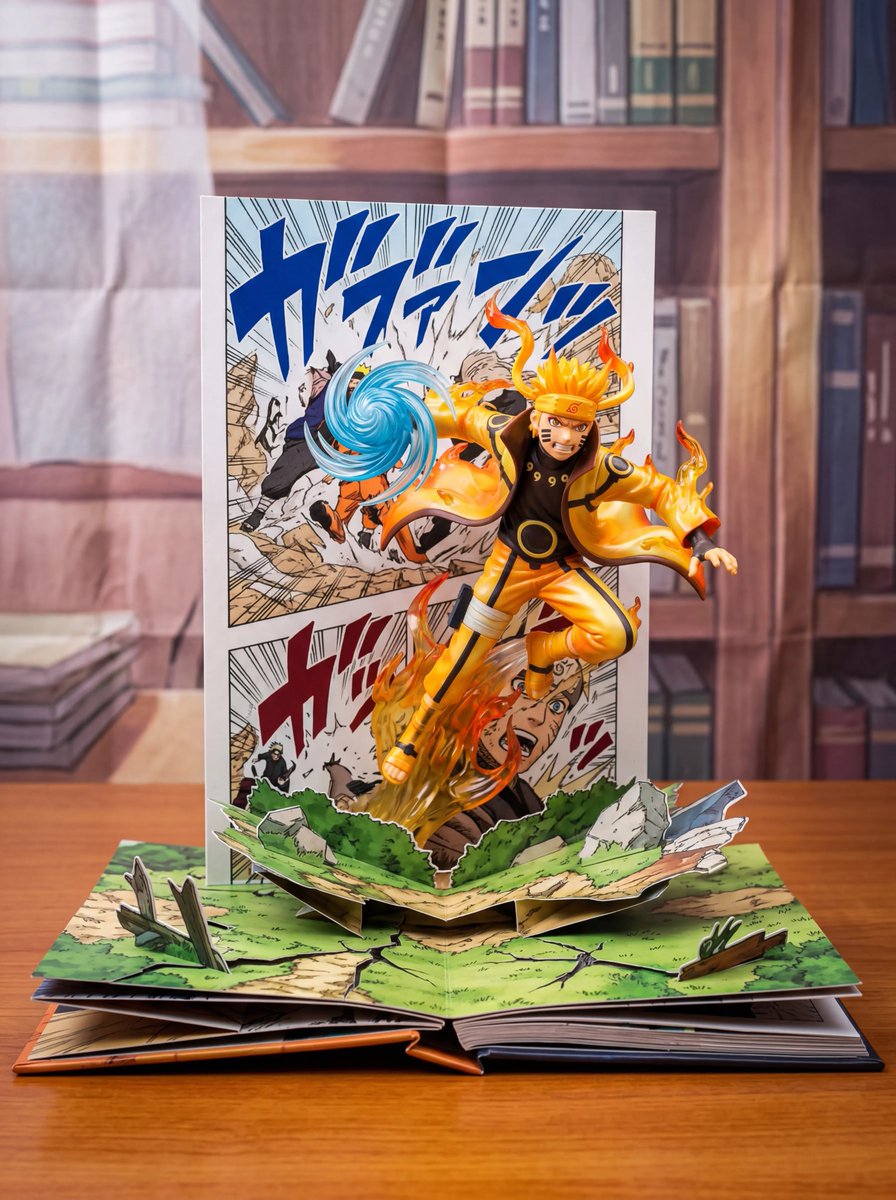 AI Prompt for 3D Naruto Character Jumping Out of a Pop-Up Book Scene
