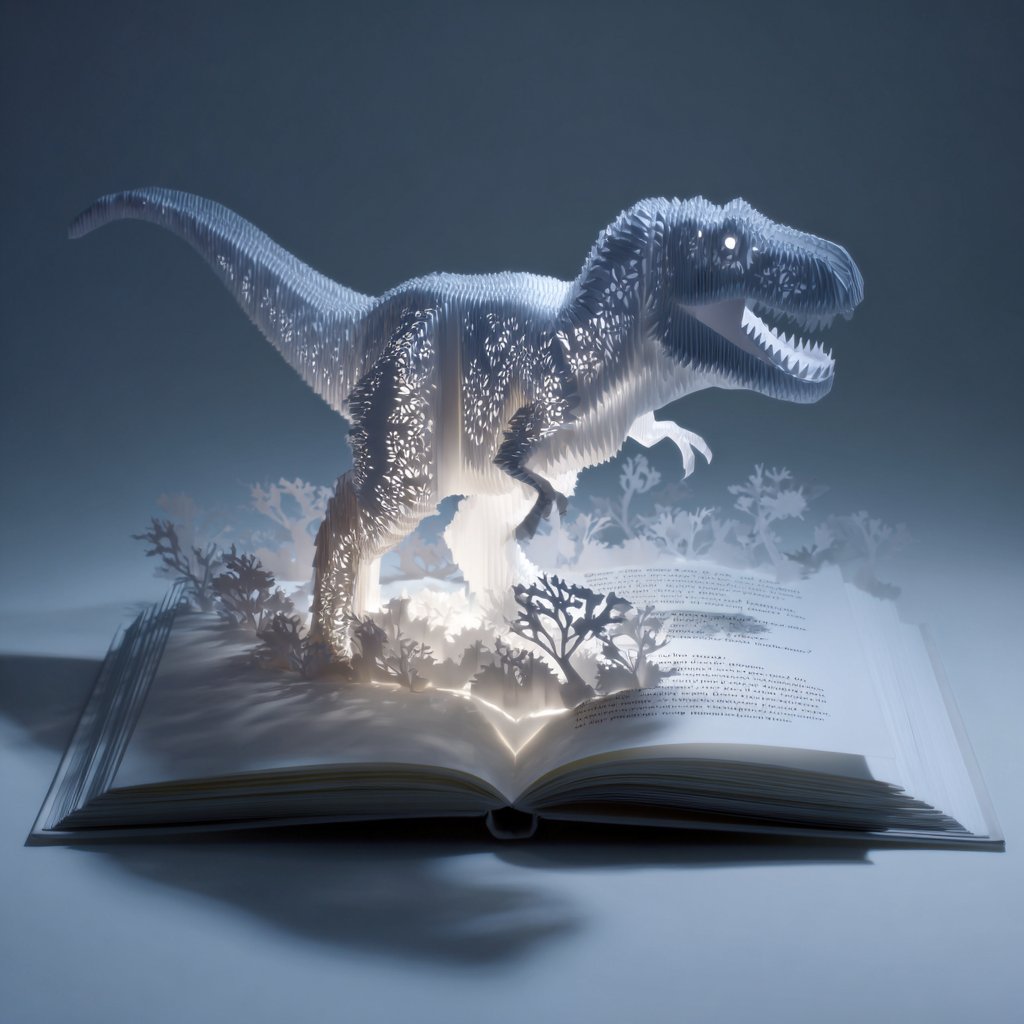 AI Prompt for 3D Pop-Up Book Illustration with Glowing T-Rex