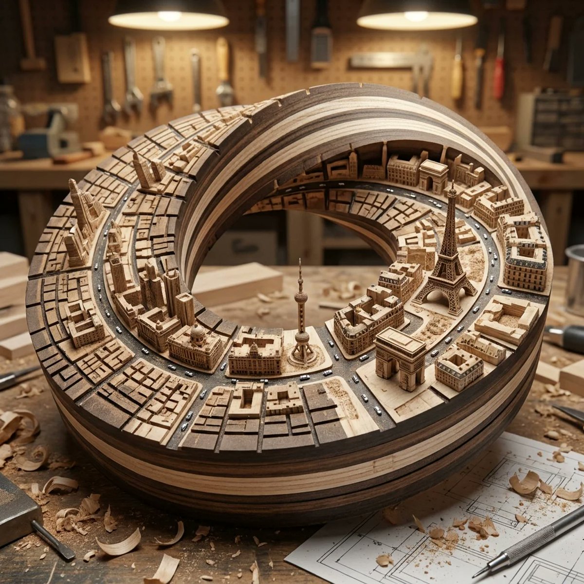 AI Prompt for 3D Wood Sculpture City Map Design with Mobius Strip Geometry
