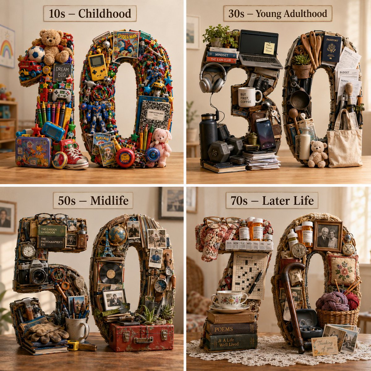 AI Prompt for a 3D Typographic Sculpture of Human Life Stages with Infographic Elements