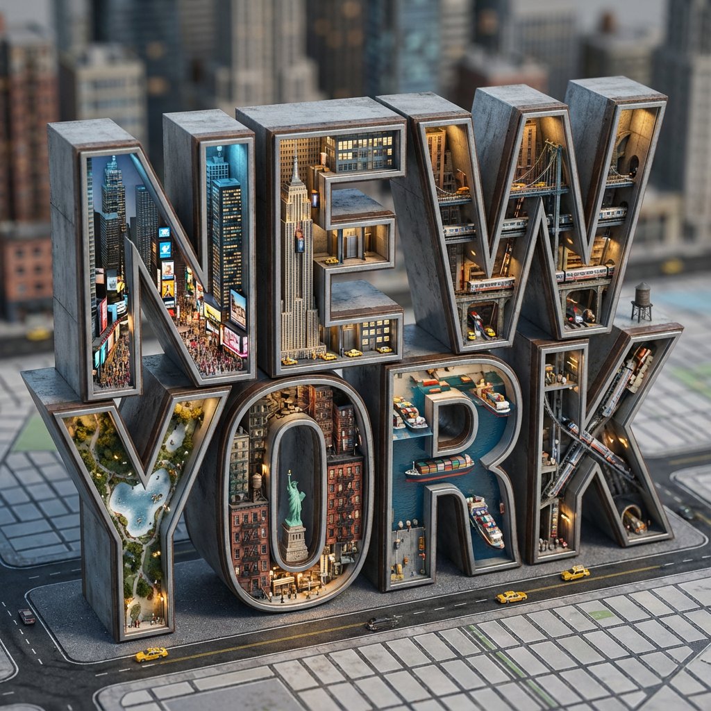 AI Prompt for Cyberpunk Typographic Cityscape with 3D Micro-Worlds
