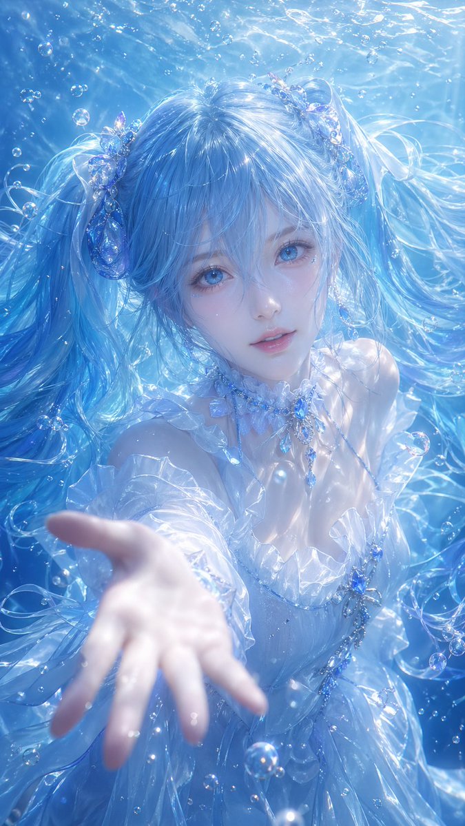 AI Prompt for Fantasy Underwater 3D CG Illustration: Blue Pigtails Character