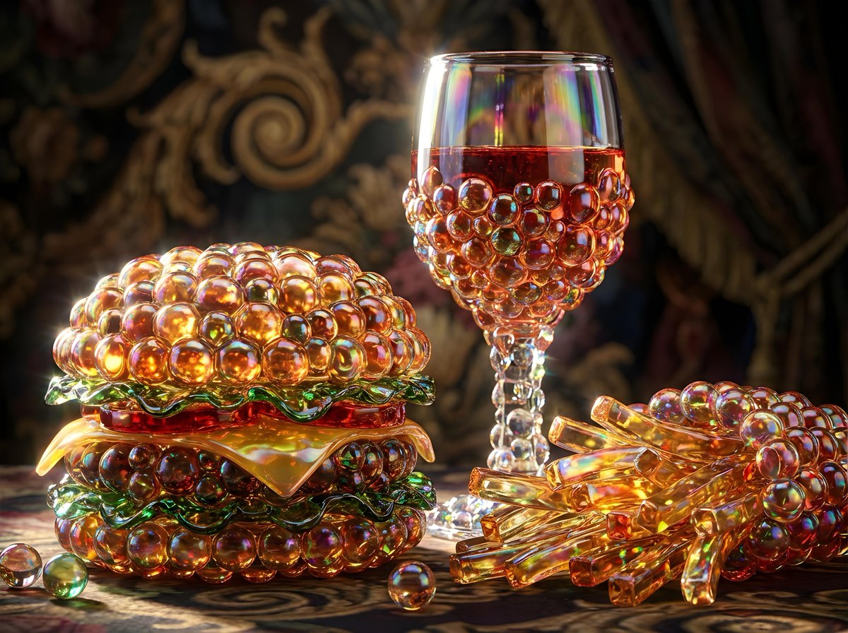 AI Prompt for Generating Vibrant Bubble Art: Cheeseburger, Wine, and Fries Still Life