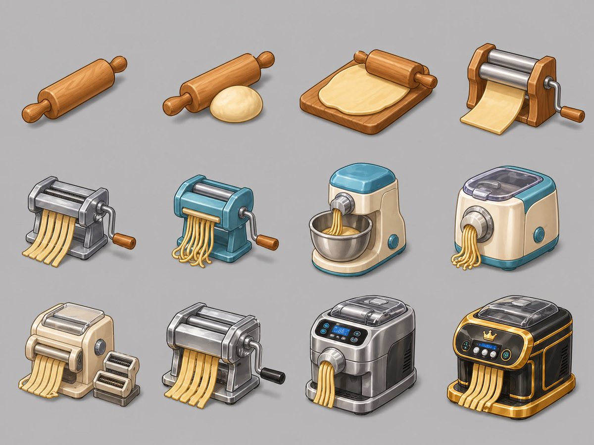 AI Prompt for Isometric 3D Pasta Maker Evolution Sprite Sheet