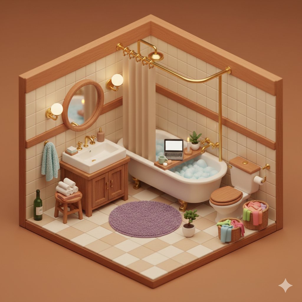 AI Prompt for Japanese Style Isometric Bathroom Diorama in Warm Color Palette