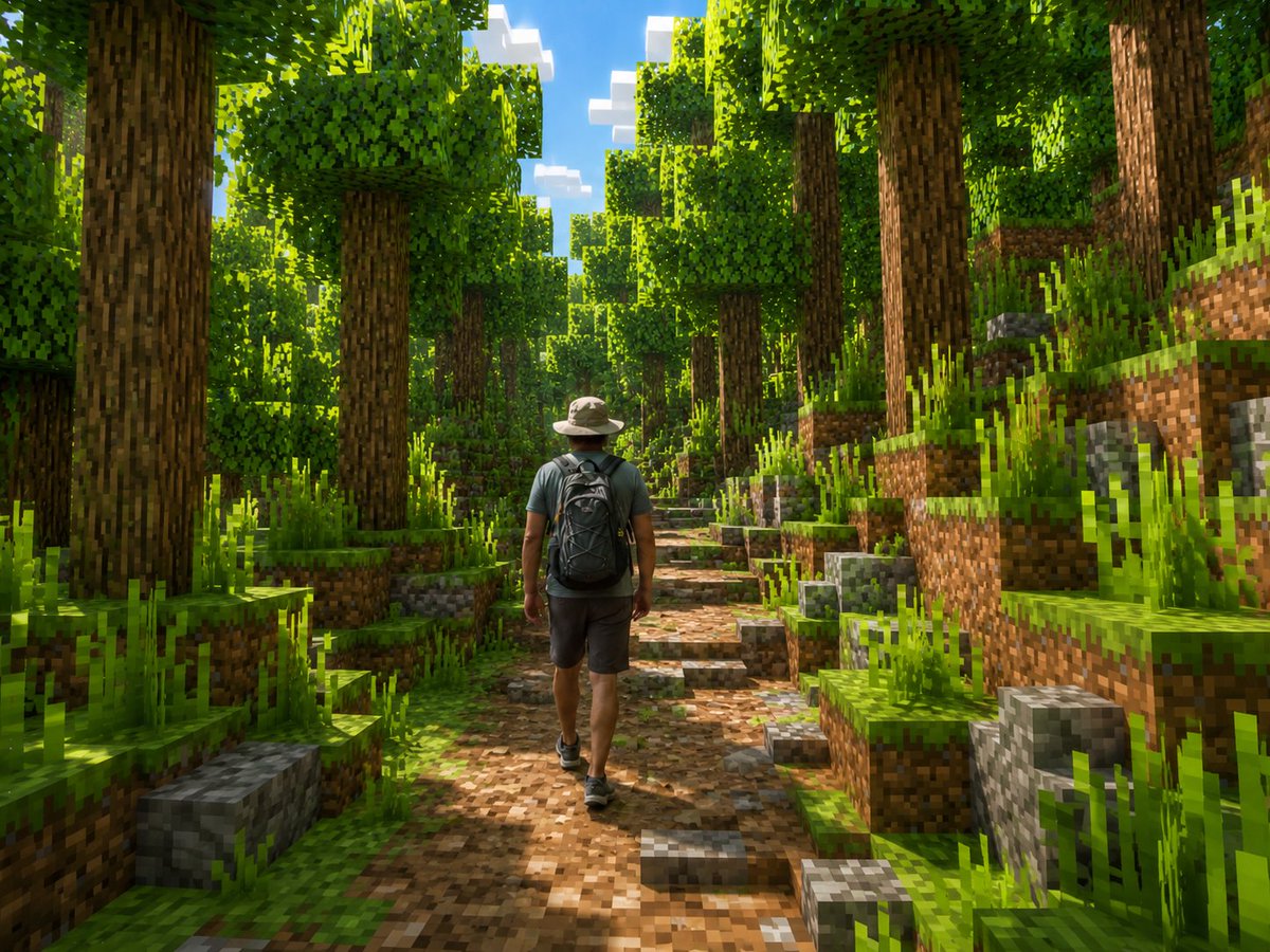 AI Prompt for Minecraft Forest Scene with Realistic Hiker