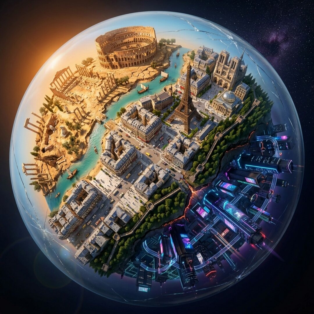 AI Prompt for Multi-Biome Tiny Planet with Historical Contrast