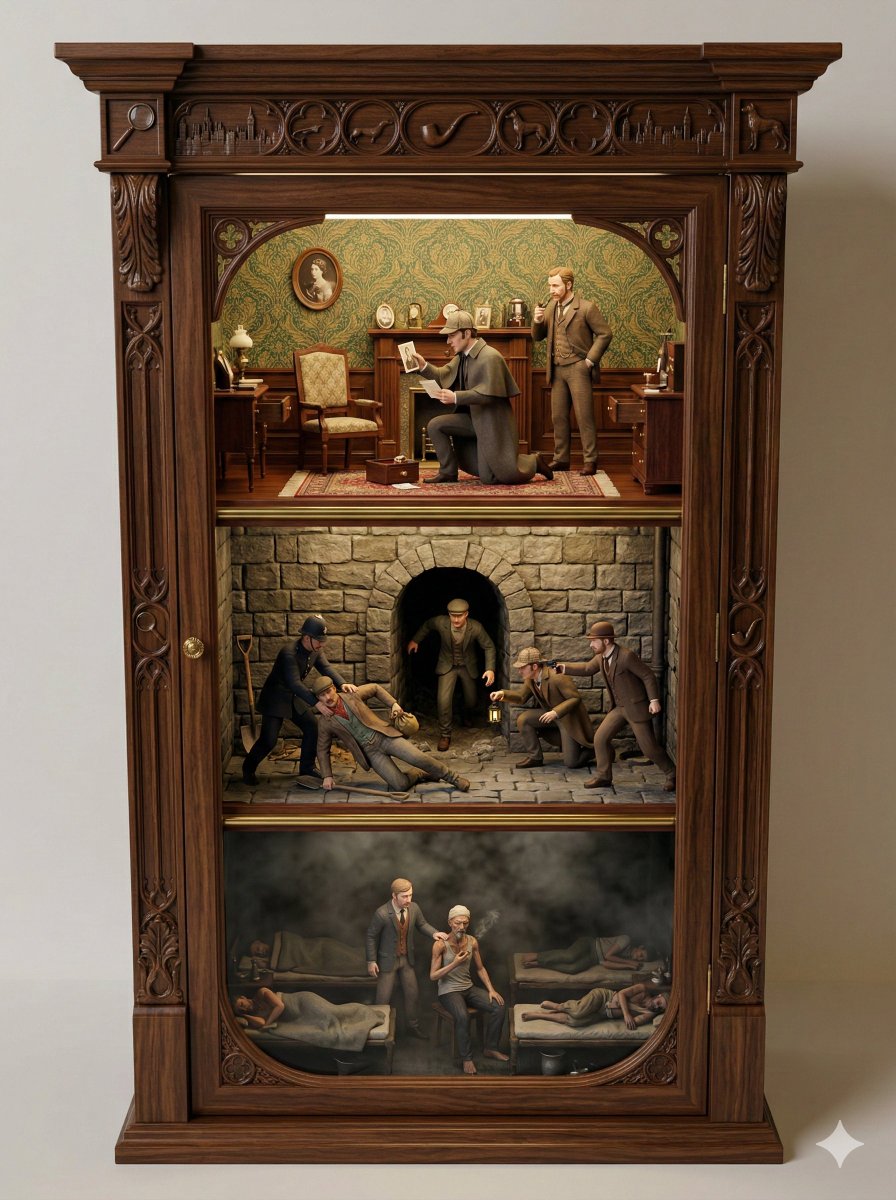 AI Prompt for Ornate Cupboard Diorama with Sherlock Holmes Scenes