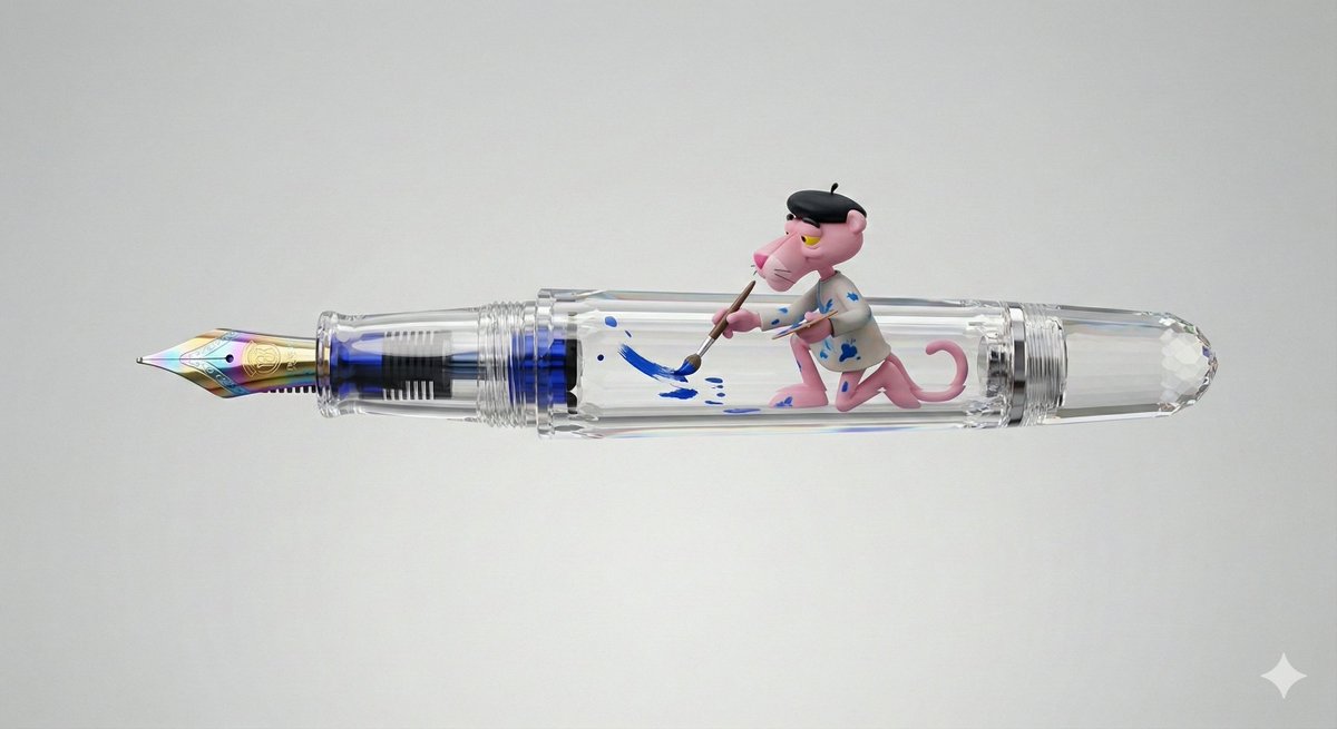 AI Prompt for Realistic 3D Render of Luxury Fountain Pen with Pink Panther Inside