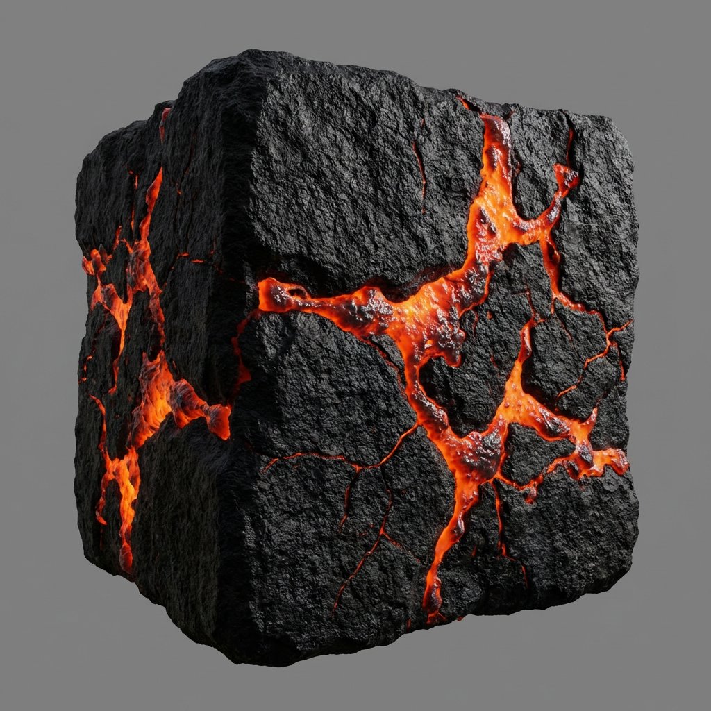 AI Prompt for realistic lava cube with breaking stone textures