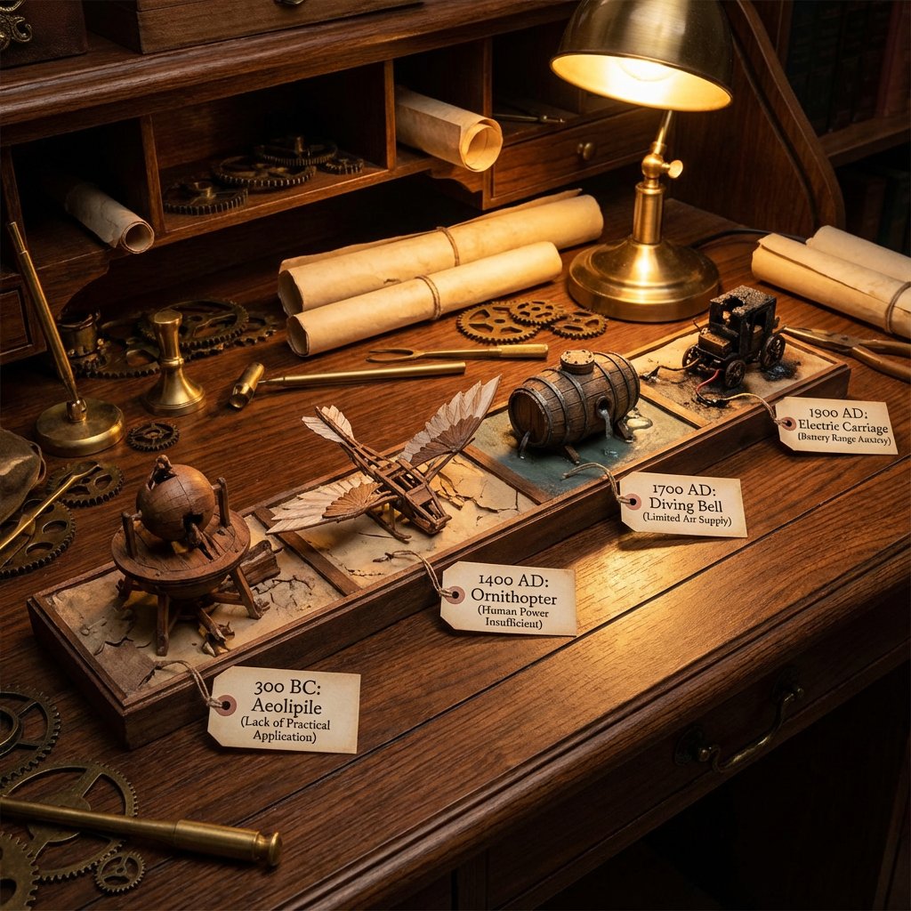 AI Prompt for Steampunk-Inspired 3D Diorama with Failed Inventions Timeline