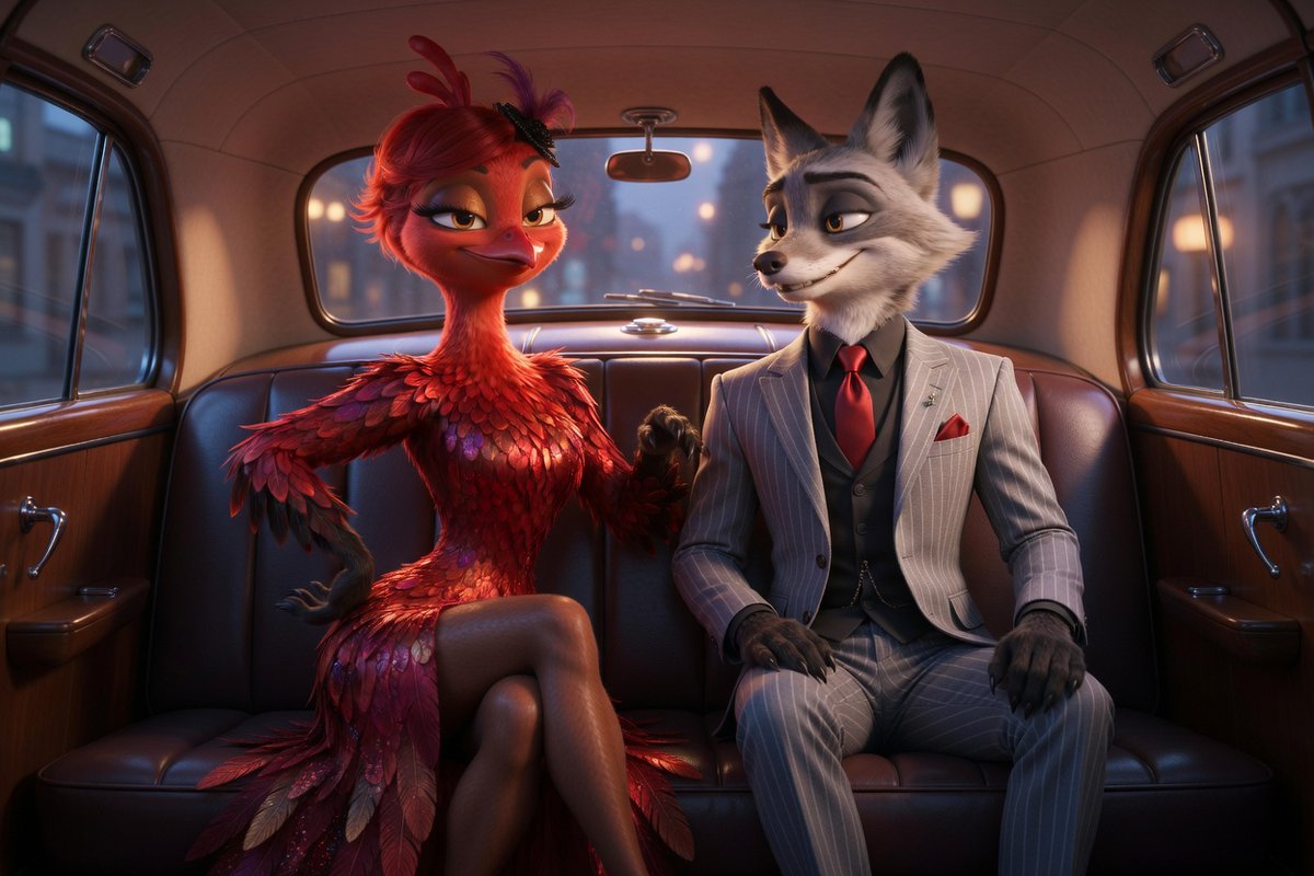 AI Prompt for Stylized 3D Animated Scene with Anthropomorphic Characters in a Vintage Taxi