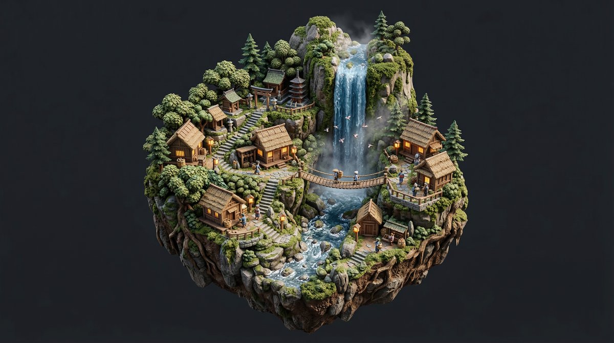 AI Prompt for Stylized Miniature Diorama of a Peaceful Waterfall Village 