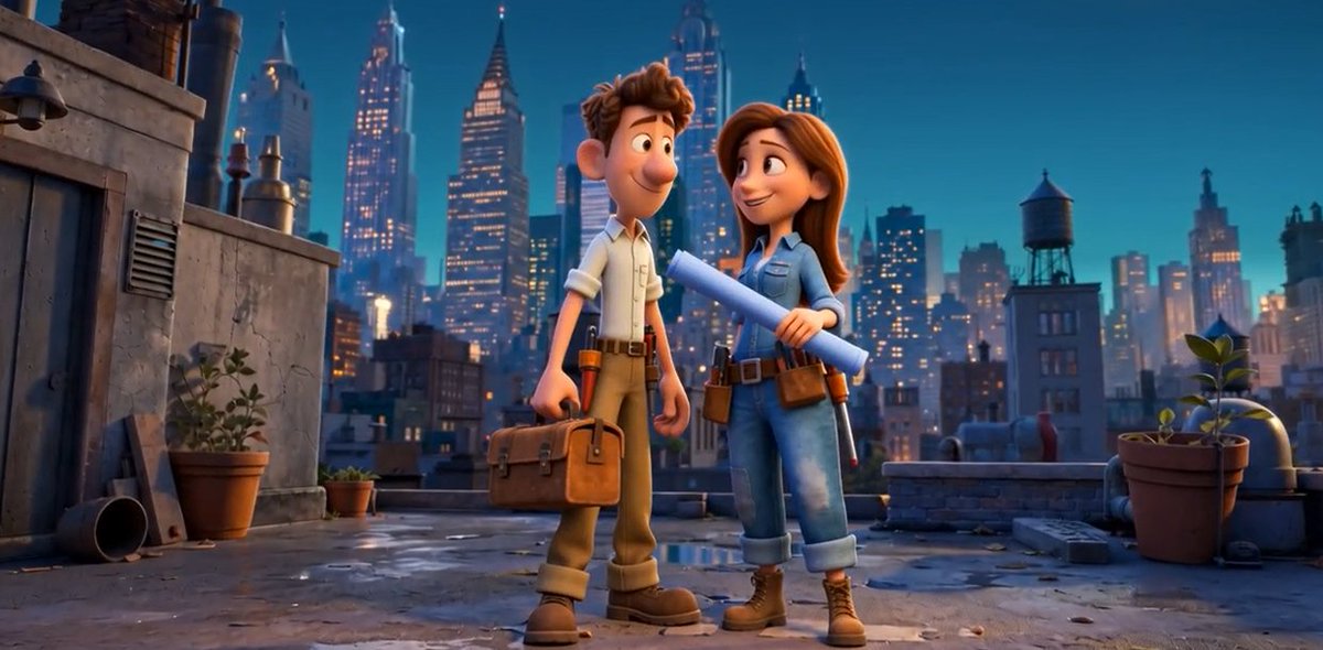 AI Prompt for Stylized Rooftop Scene with 3D Construction Workers