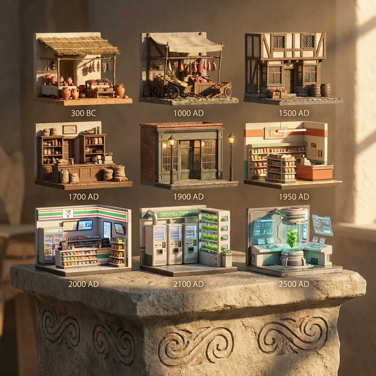 AI Prompt for Ultra-Detailed 3D Grocery Shop Evolution Infographic