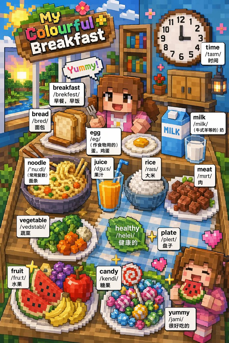 AI Prompt for Voxel Art 3D Educational Poster with English-Chinese Vocabulary Labels