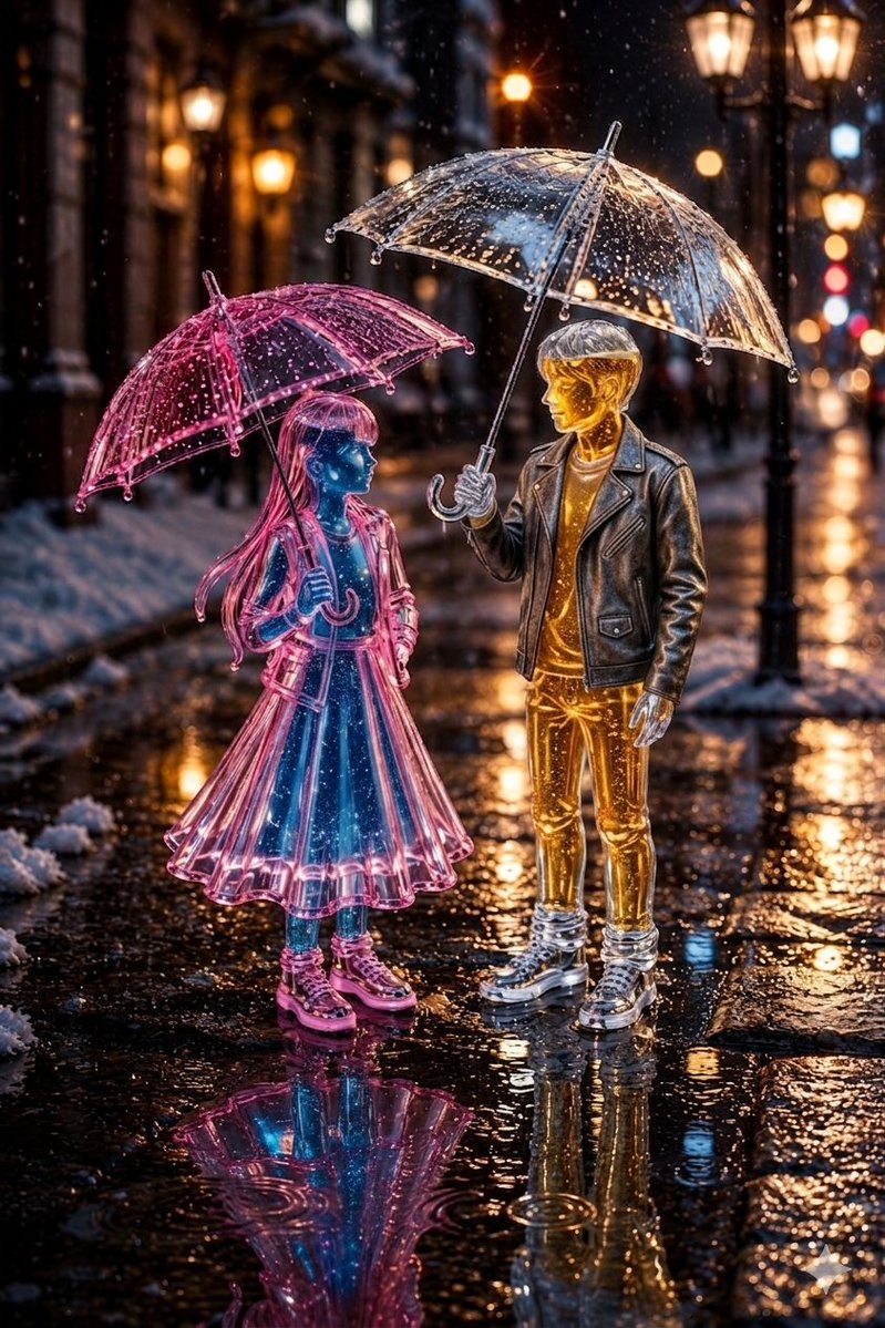 AI Prompt for Whimsical Glass Couple in Cyberpunk Winter Scene Using European Street Art Elements