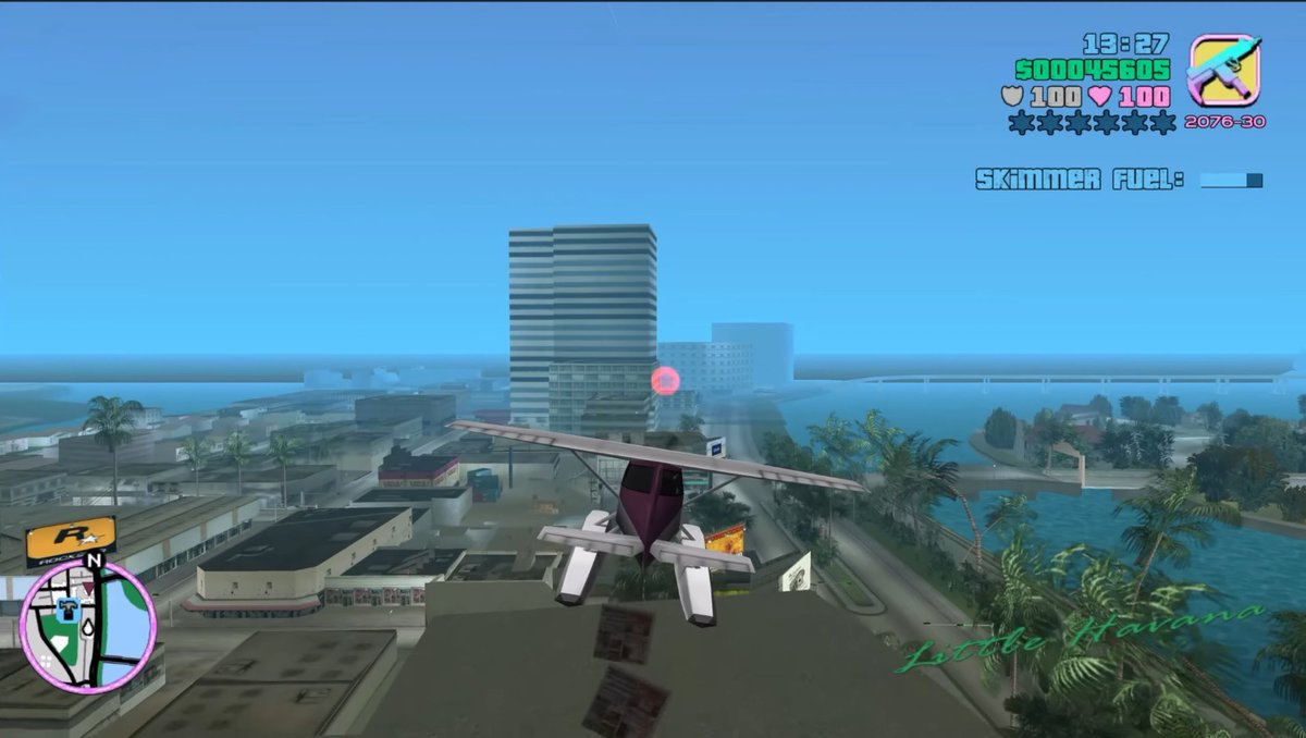 AI Prompt: Retro Open-World Seaplane Cityscape with Vintage HUD