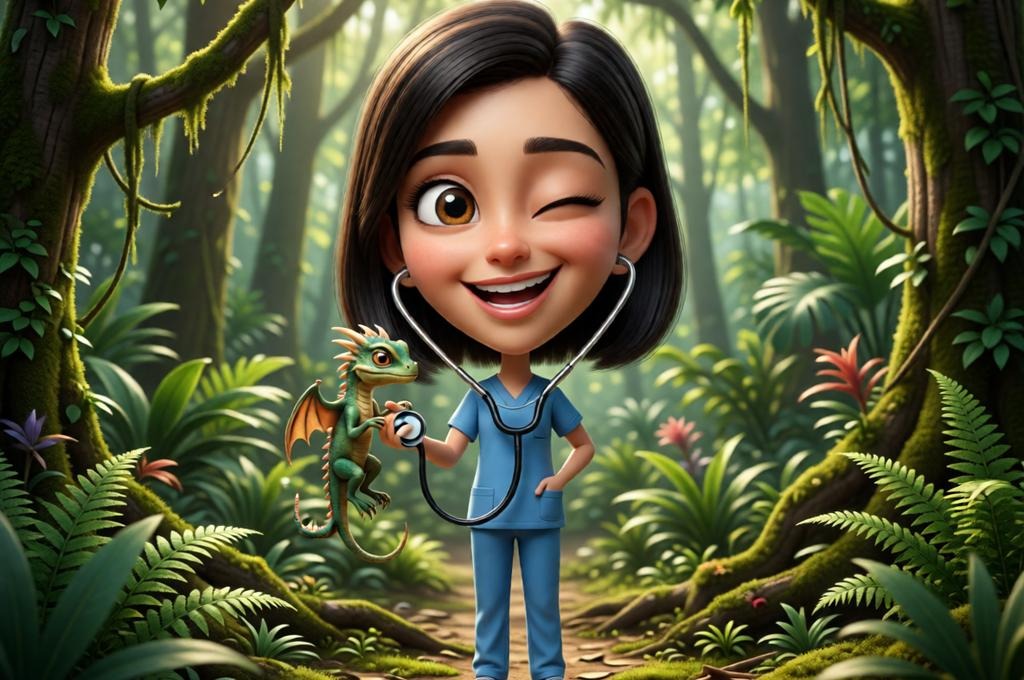 Caricature Female Vet with Baby Dragon in Jungle