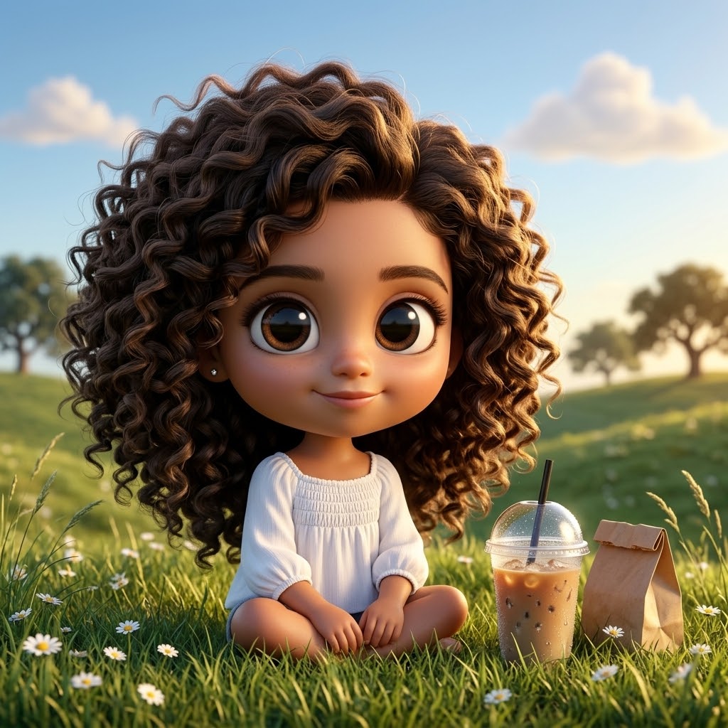Chibi 3D Character on Hillside with Iced Coffee