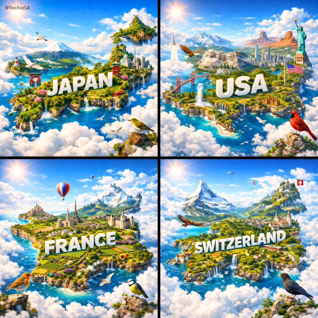 Create Floating Island with Country Landmark Poster