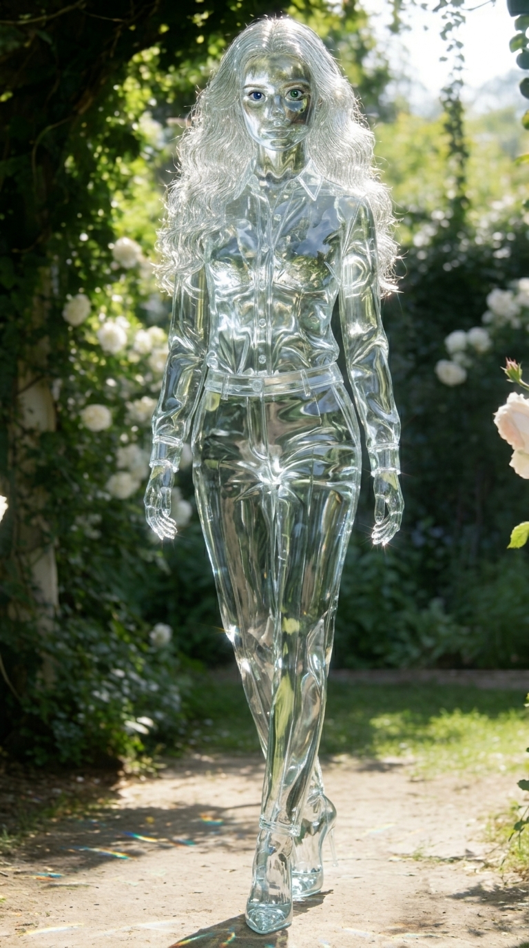 Crystalline Glass Portrait: Transparent Human Figure in Sunlight