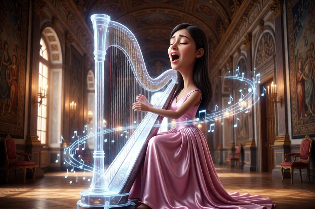Glowing Glass Harp Caricature with Magical Notes
