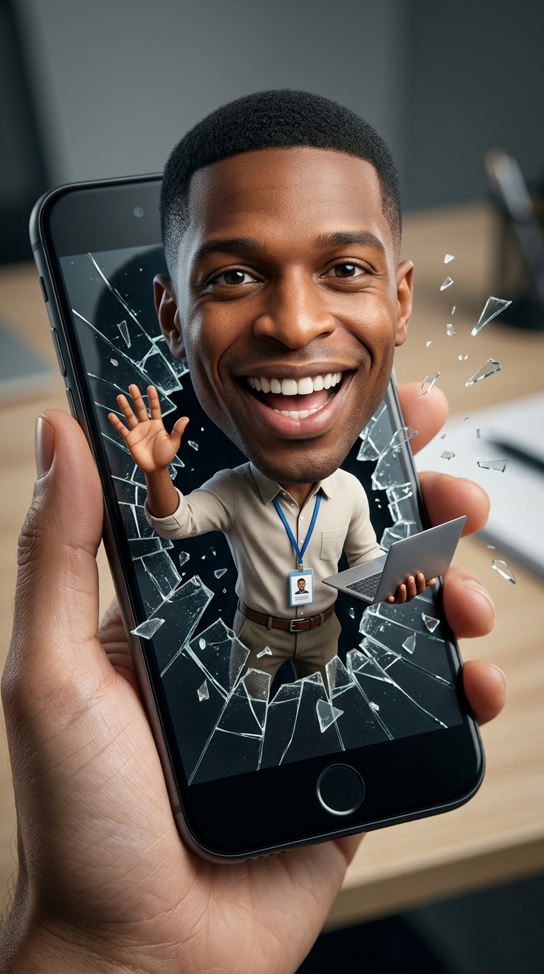 Hyper-Realistic 3D Caricature Phone Bursting Meme Prompt