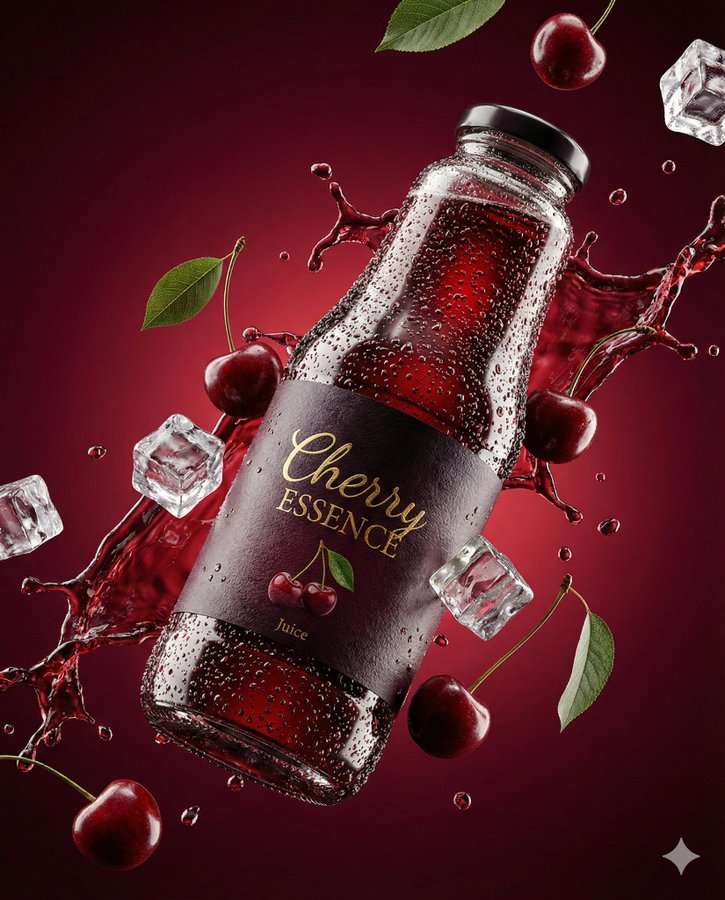 Ultra-Realistic 3D Cherry Juice Bottle Commercial Shot
