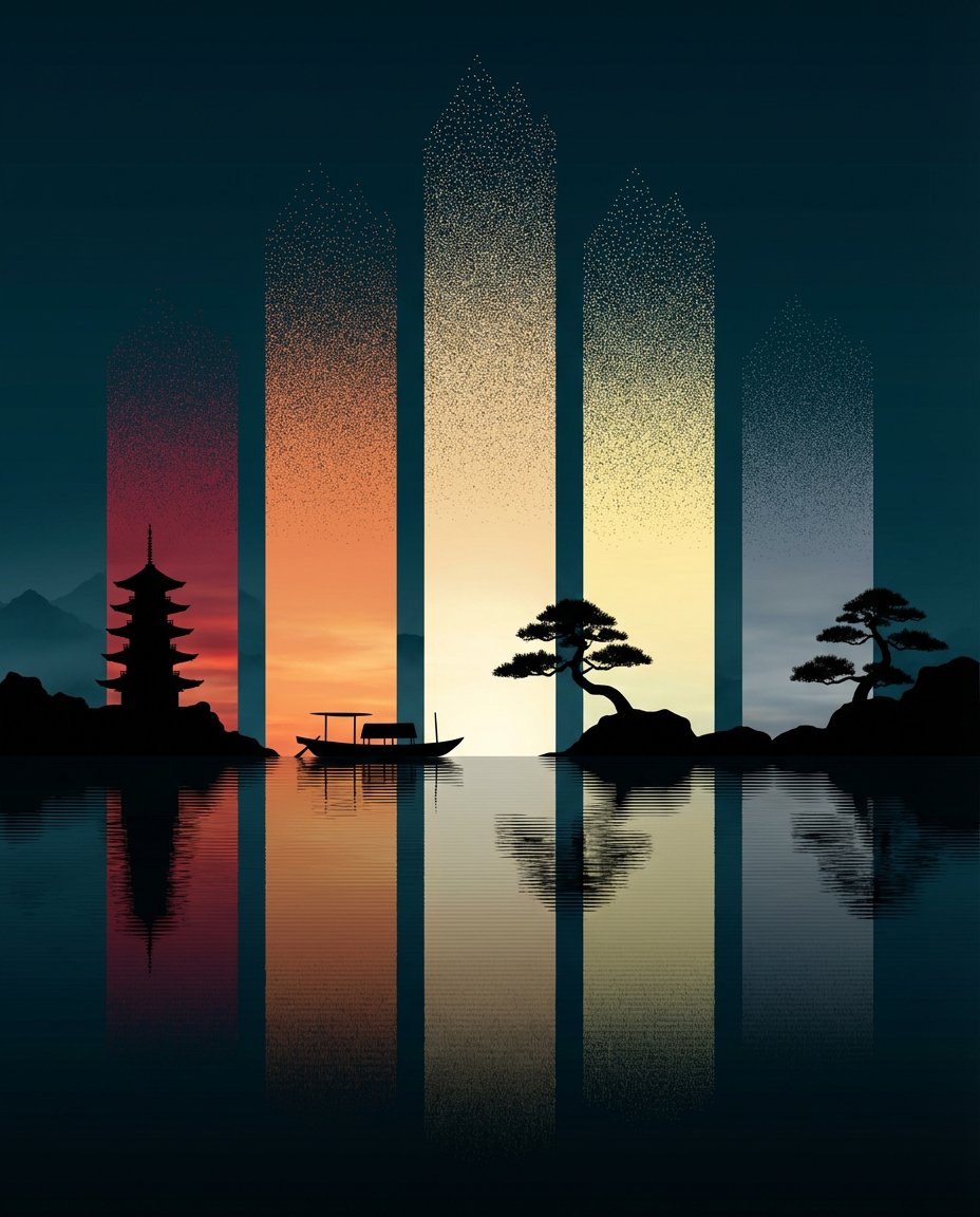 AI Prompt for Abstract Eastern Zen Landscape with Time-Slice Lighting Effects