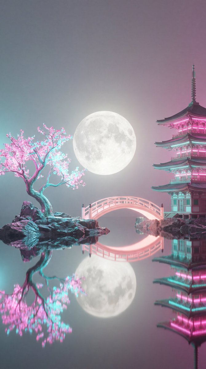 AI Prompt for Vaporwave Night Landscape with Japanese Pagoda and Glowing Trees