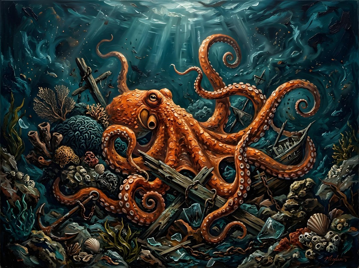 AI Prompt: Oil Painting of a Dramatic Octopus Scene