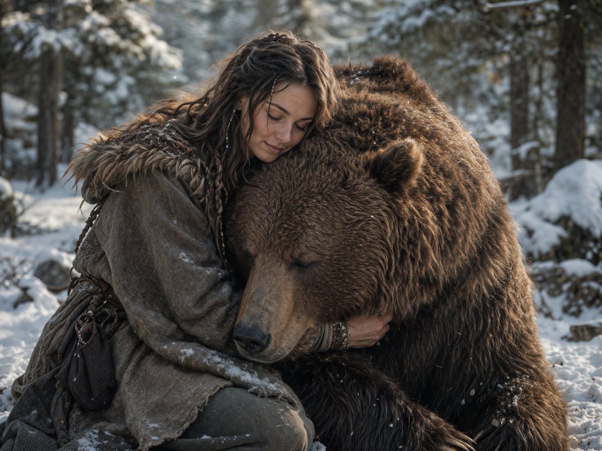 AI Prompt for Cinematic Woman and Bear Winter Hug