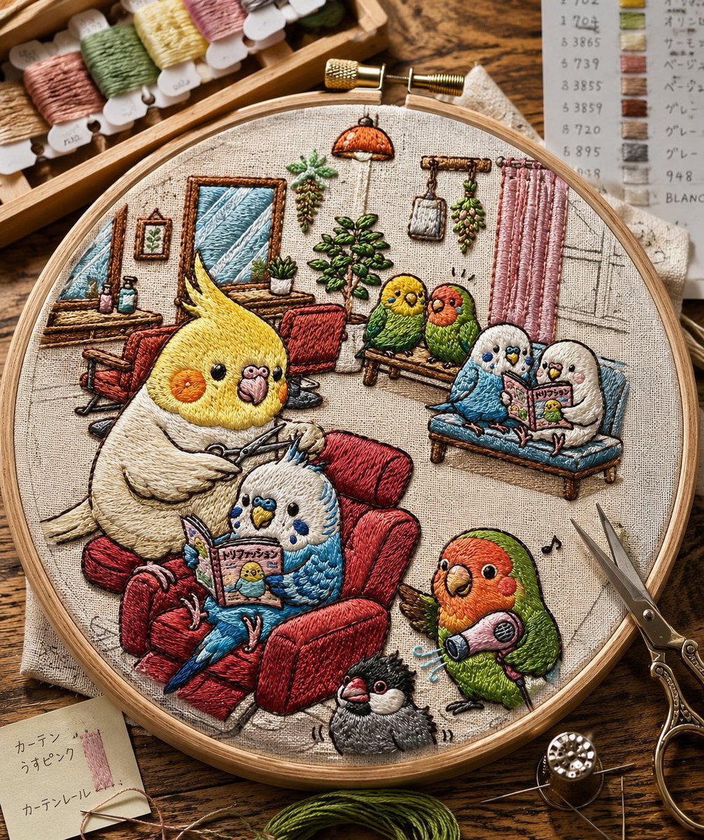 AI Prompt for Cozy Embroidered Bird Living Room Scene