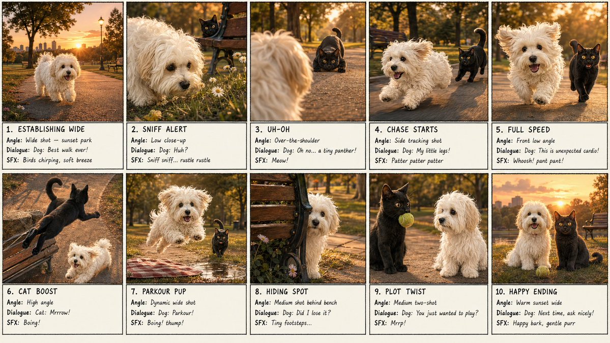 AI Prompt for Elegant 10-Panel Dog and Cat Storyboard with Sunsets