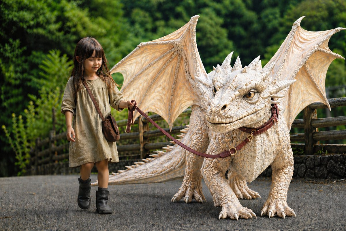 AI Prompt for Generation a Girl Walking a Gigantic Cream-Colored Dragon in a Fantasy Setting